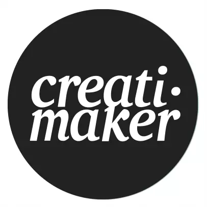 Logotipo de 'Creatimaker', redondo en fondo negro con letras blancas, creado por Clau Vidal Studio